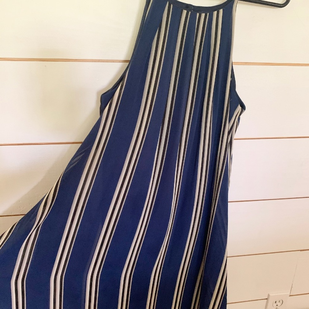 Navy, black, white and grey stripe dress.